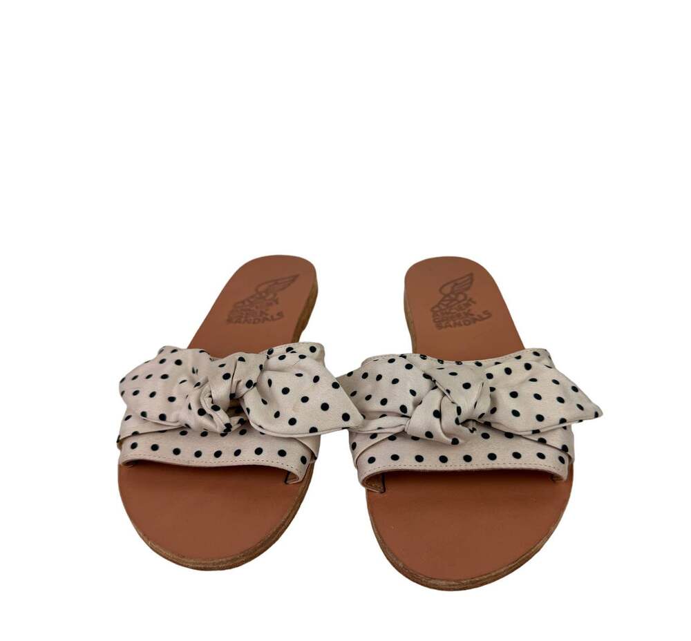 Ancient Greek Women's Cream Black Polka Dot Slip On Open Toe Flat Bow Sandal 36